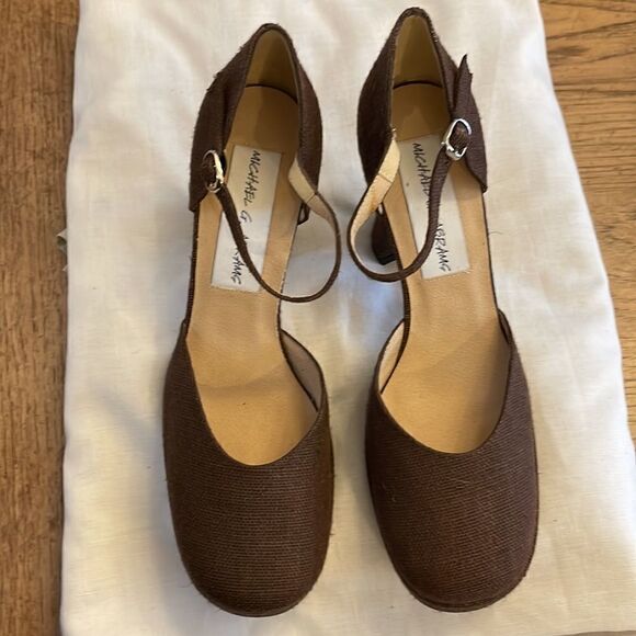 MICHAEL ABRAMS LINEN BROWN ANKLE STRAP HEELS. NEW - Picture 4 of 10